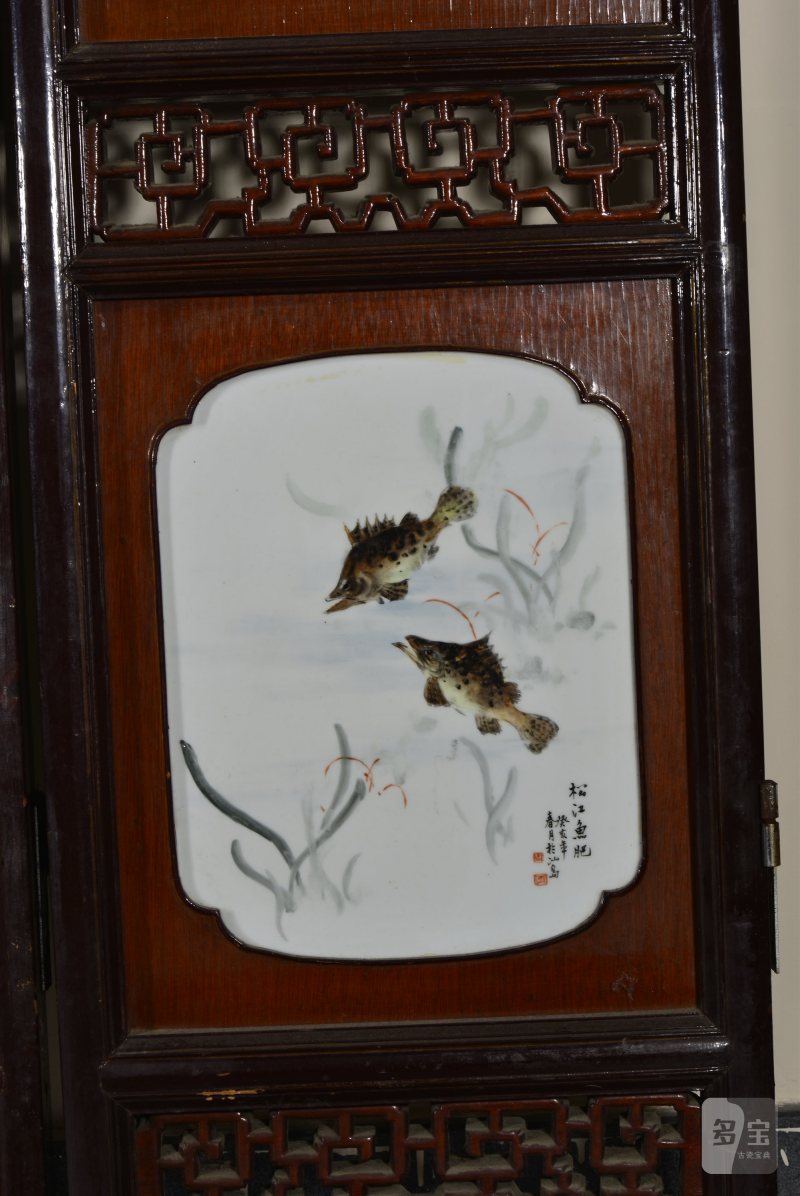 近现代 魏焕明、余少良合作双面粉彩山水人物八联落地大屏风 - 图41